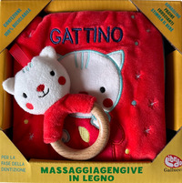 GATTINO - LIBRI DI STOFFA CON MASSAGGIAGENGIVE IN LEGNO CON GADGET