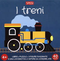 Treni - q-box con 3 figure sagomate con locomotiva da montare con puzzle 